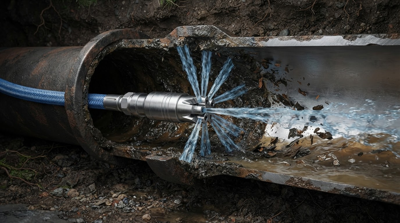 Hydro jetting nozzle cleaning the interior walls of a drain line