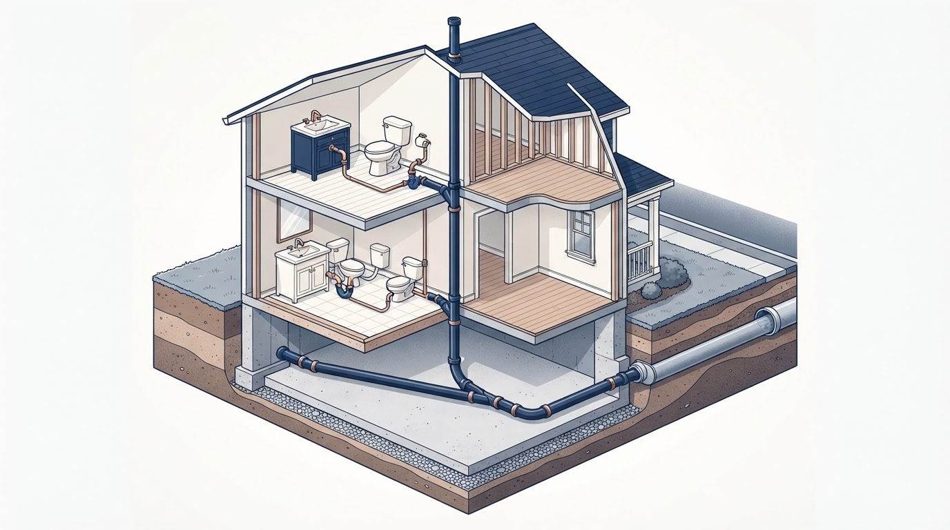 Cutaway of residential drain piping connecting to the main sewer line