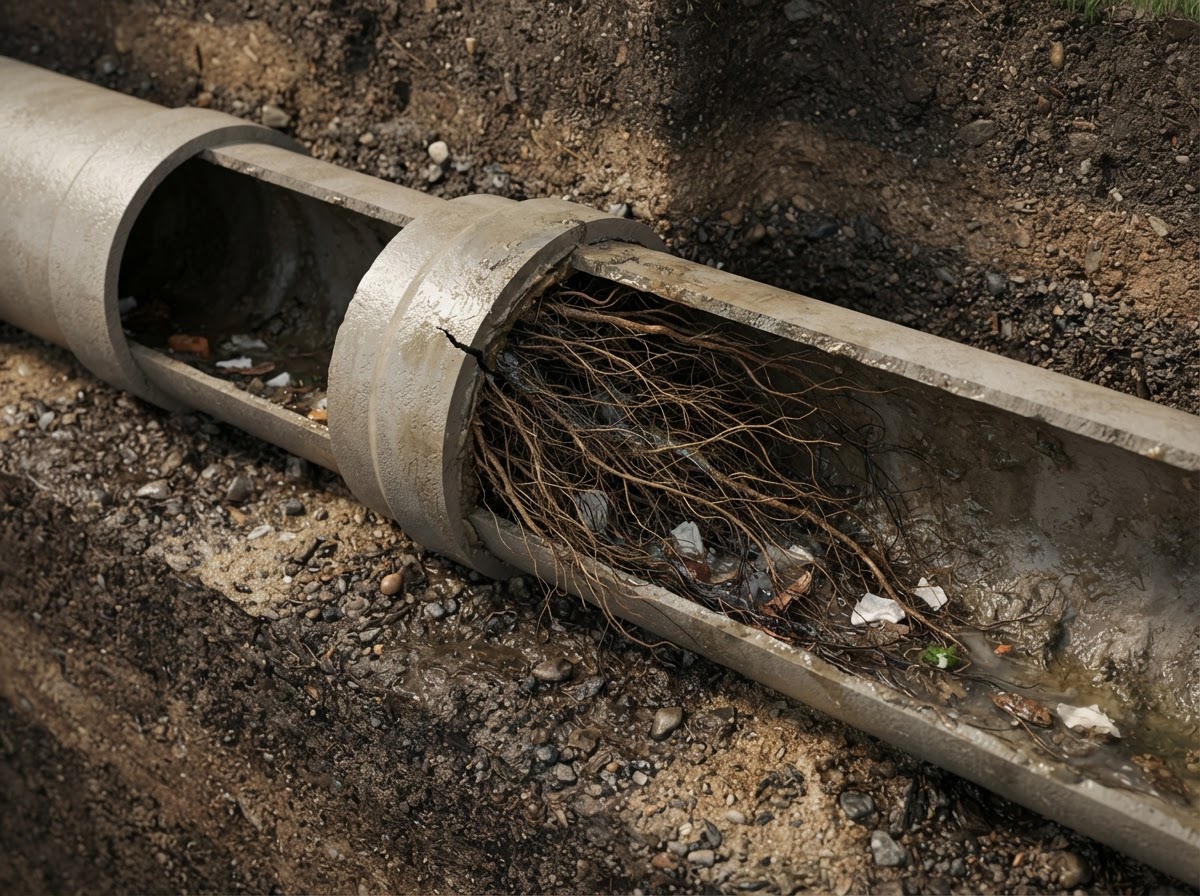 Tree roots intruding through a pipe joint