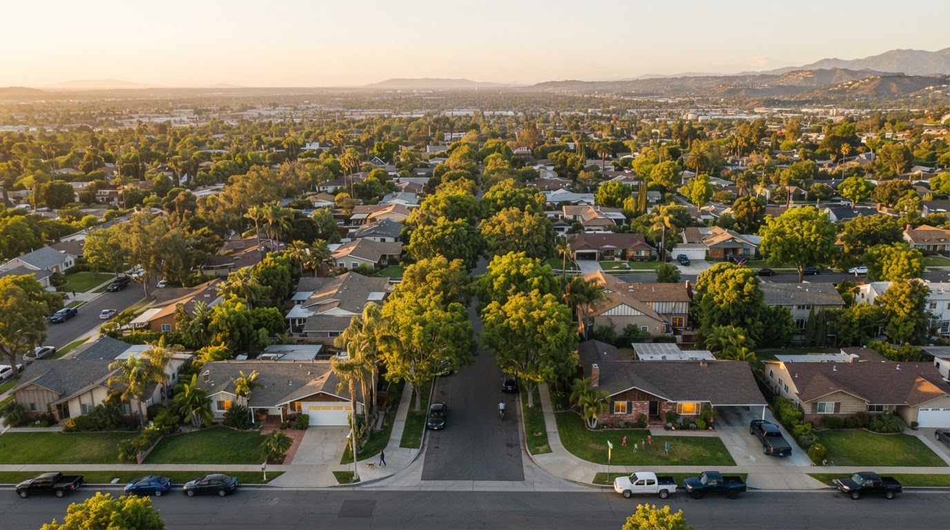 Aerial view of a residential Lakewood, California neighborhood with tree-lined streets