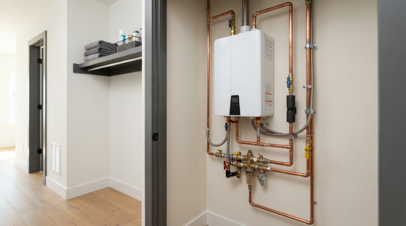 Modern tankless water heater with clean professional pipe routing