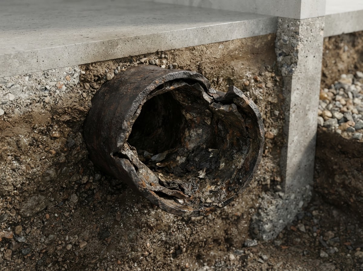 A collapsed section of sewer pipe