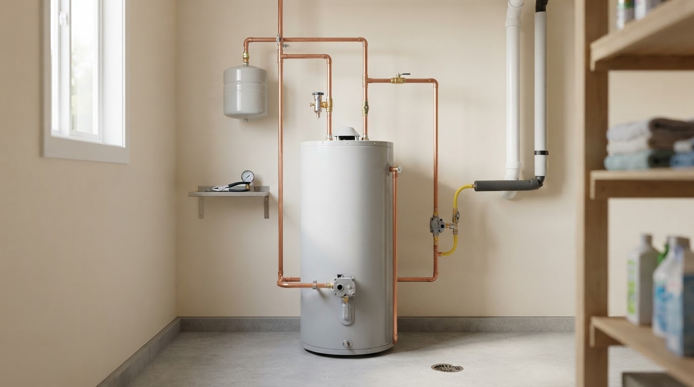 Professionally installed residential tank water heater in a clean utility area