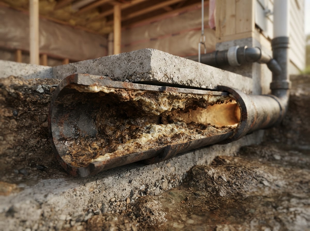 Grease and mineral buildup coating the inside of a sewer pipe