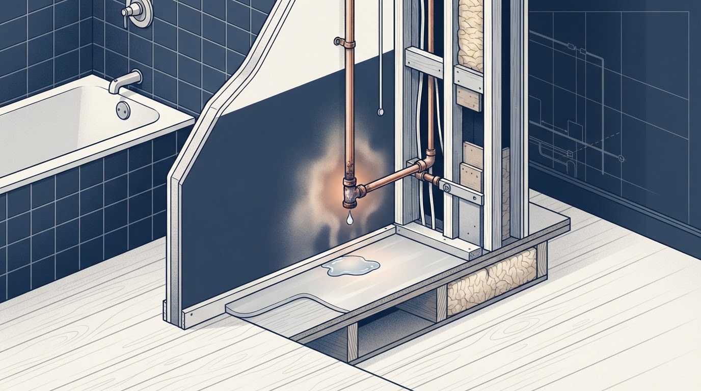 Technical cutaway through a wall showing concealed piping and a localized leak source