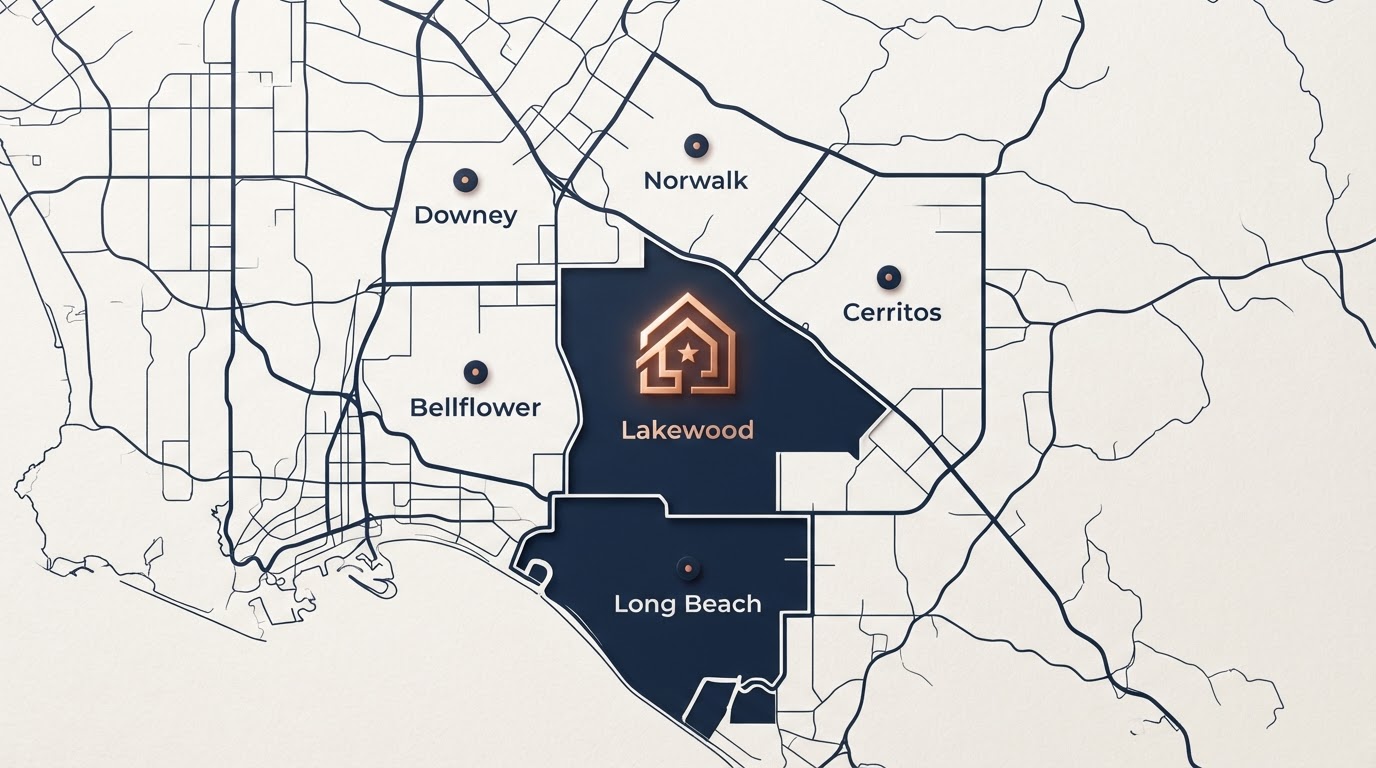 Service area map showing Lakewood and nearby communities in southeast Los Angeles County