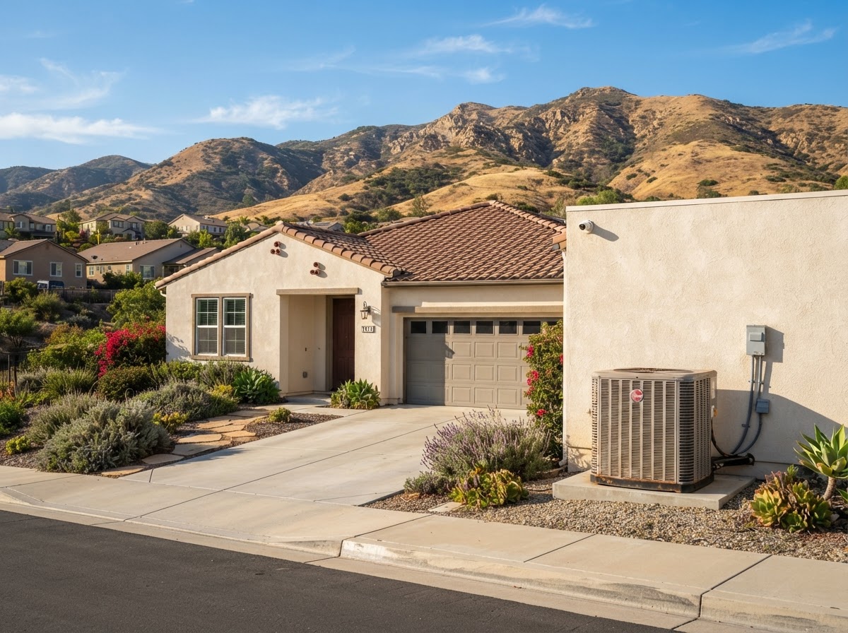 Vista, California inland home with outdoor HVAC condenser unit served by All Climate Heating & Air