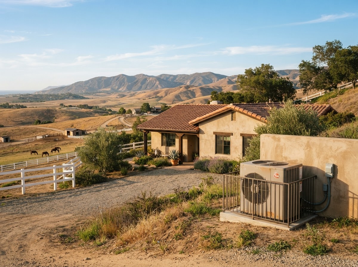 Rural Bonsall, California hillside home with an outdoor HVAC condenser unit served by All Climate Heating & Air