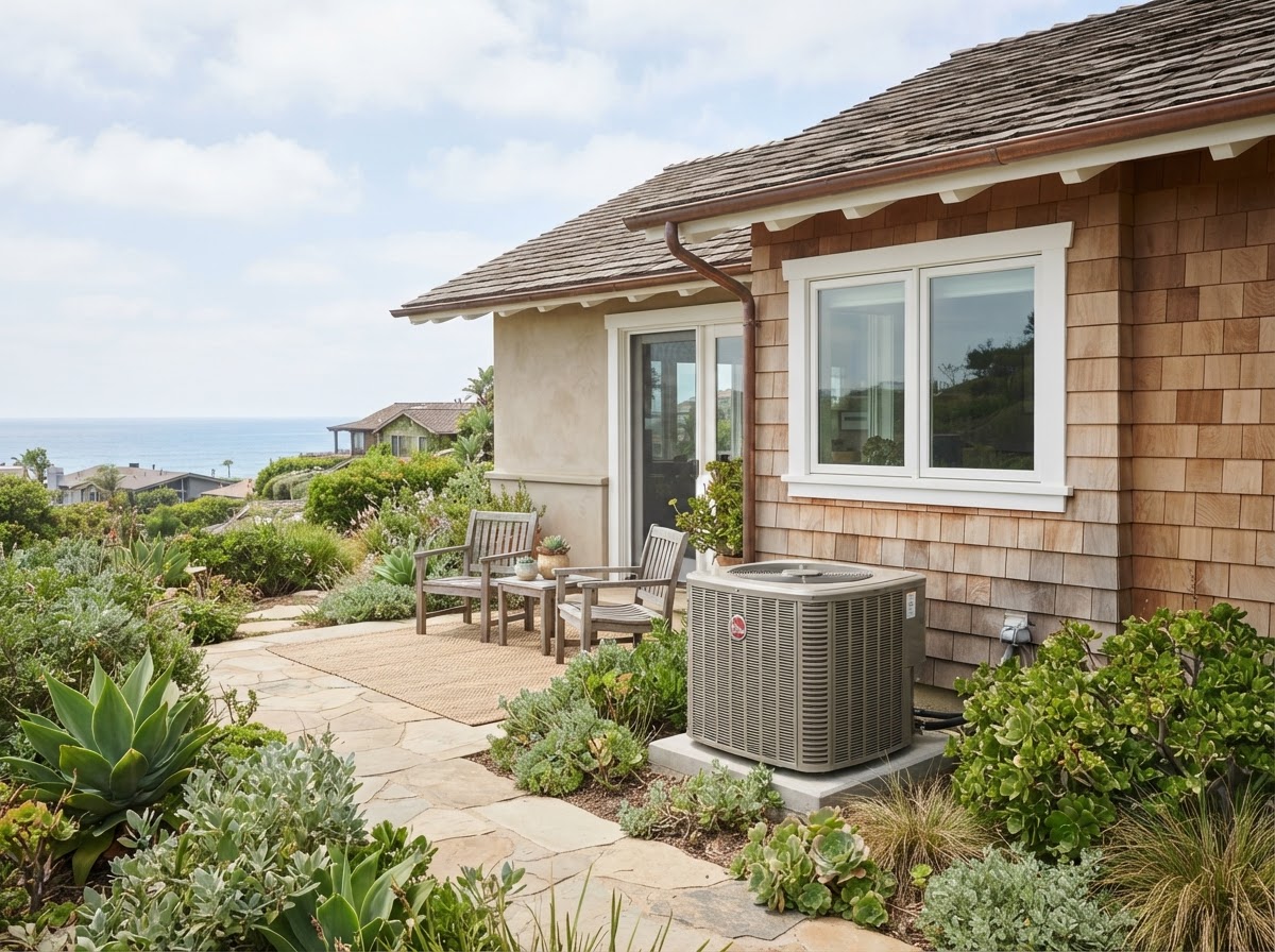 Encinitas, California coastal home with outdoor HVAC condenser unit served by All Climate Heating & Air