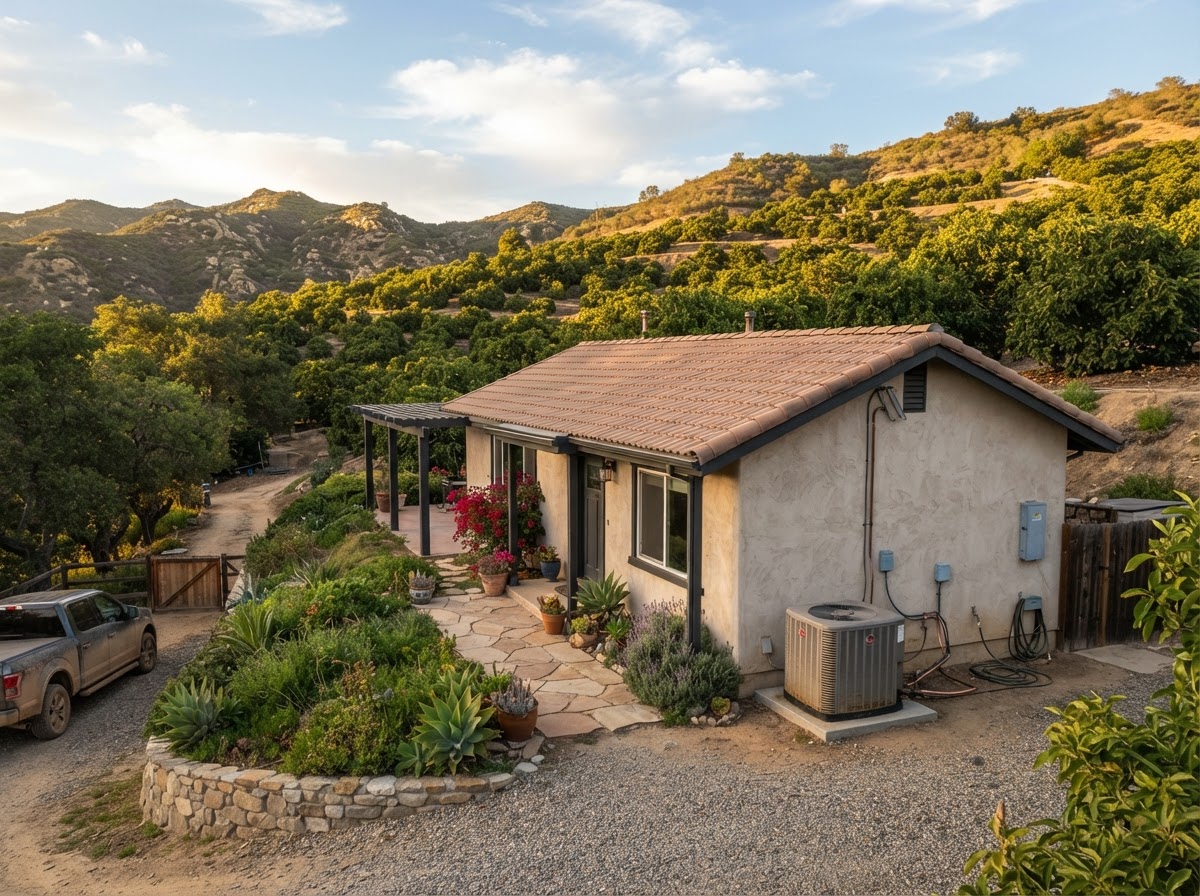 Rural Fallbrook, California home surrounded by avocado groves with an outdoor HVAC condenser unit served by All Climate Heating & Air