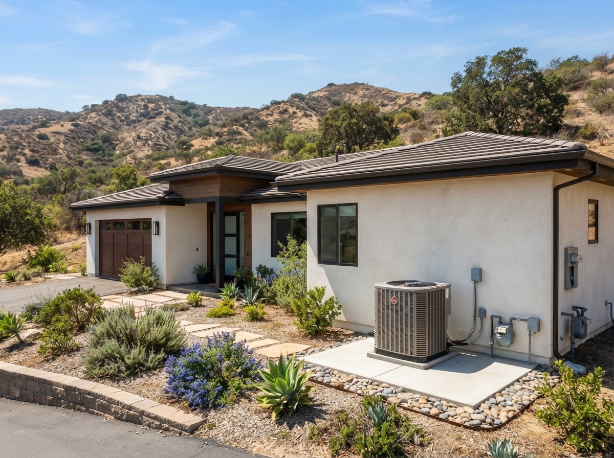 San Marcos, California inland home with rooftop HVAC unit served by All Climate Heating & Air