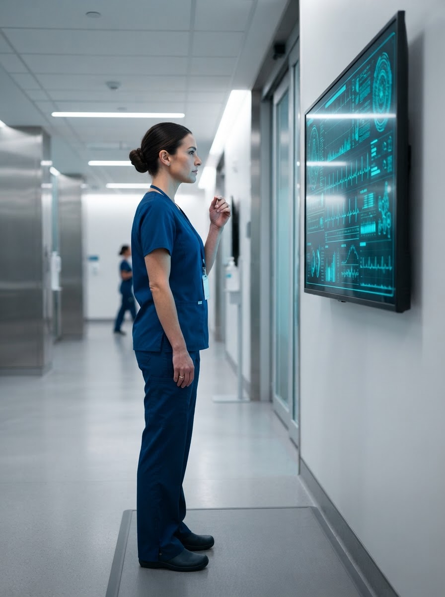 A clinician in scrubs reviewing patient data on a wall-mounted monitor displaying abstract data lines in monitor cyan