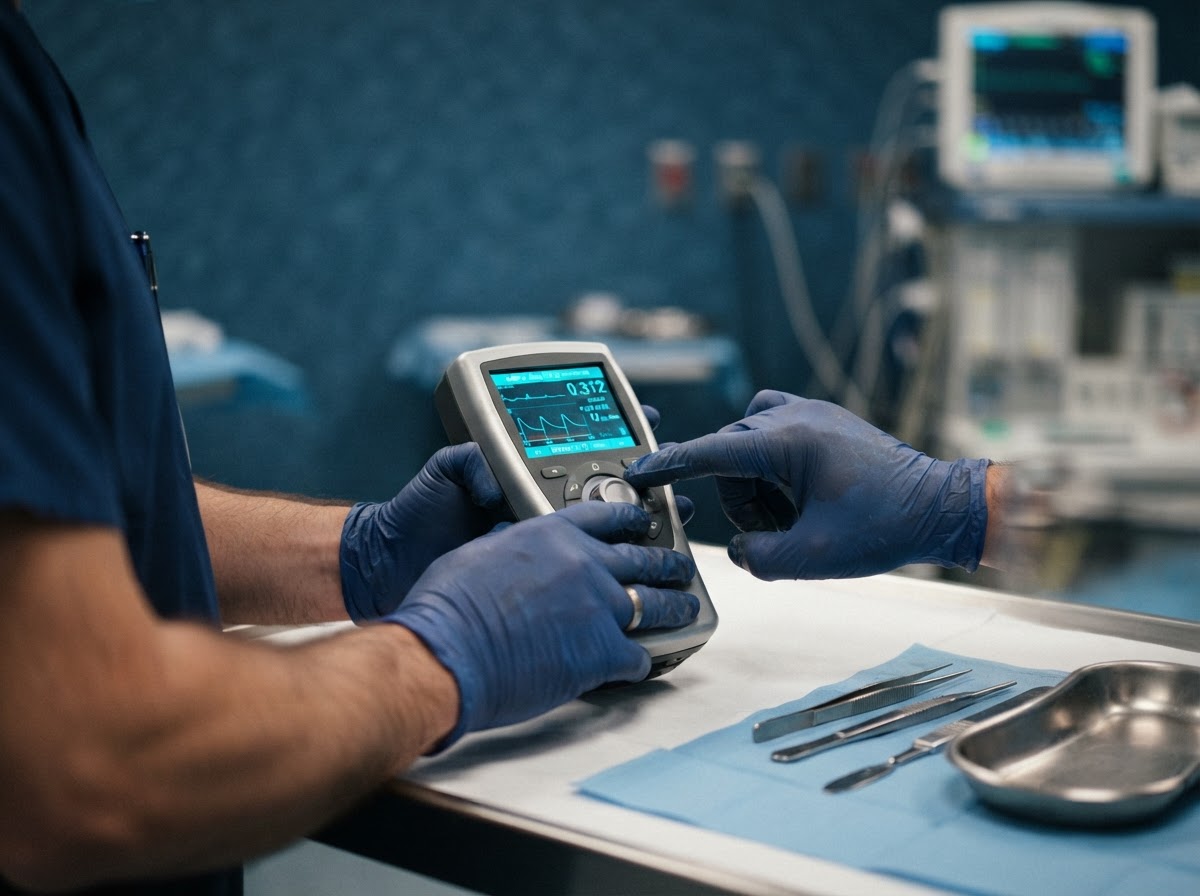 Close view of a clinician's gloved hands operating a diagnostic medical device with a small screen, surgical steel instruments and monitor cyan readouts