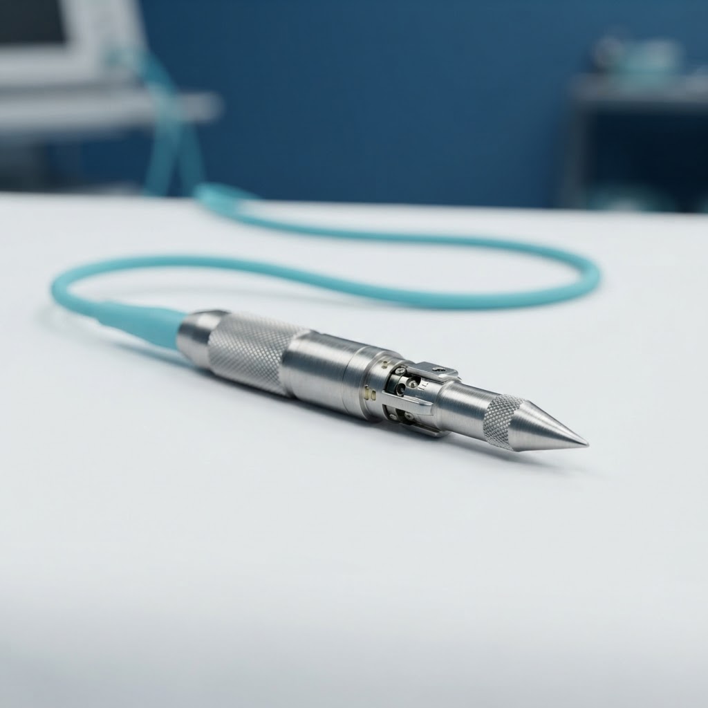 Extreme close-up of a surgical steel medical sensor probe on a clean white surface with a monitor cyan data cable