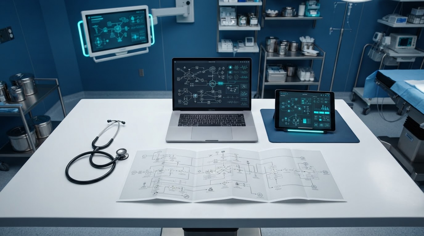 Overhead view of a clinical integration workspace with a laptop showing abstract schematic diagrams, a tablet, printed workflow maps, and a stethoscope arranged with precision