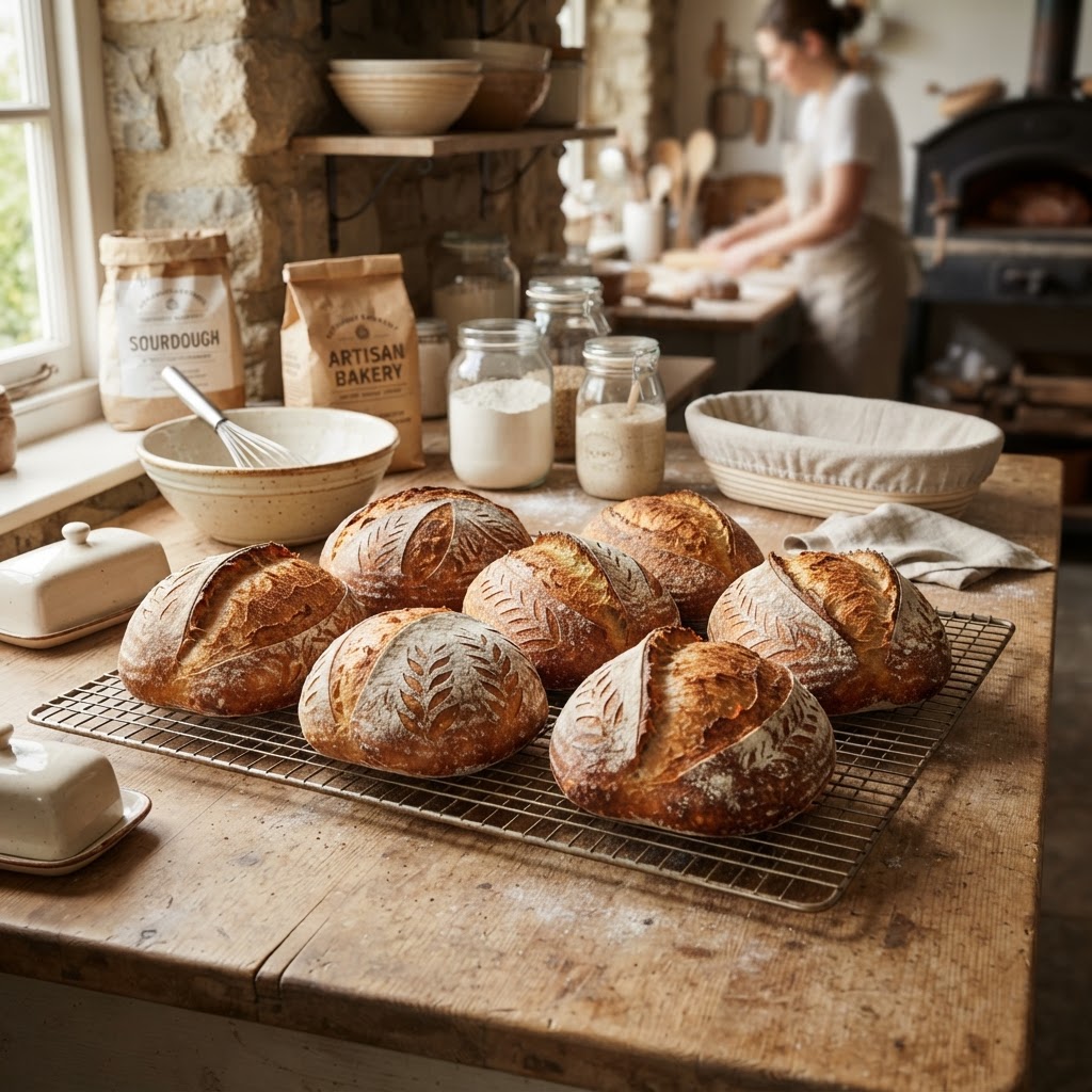 Fresh sourdough loaves cooling