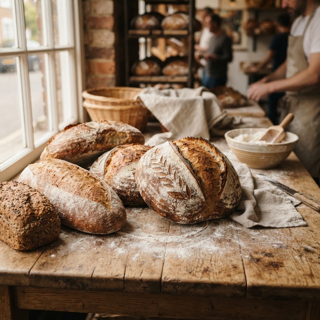 Rustic bread loaves with flour