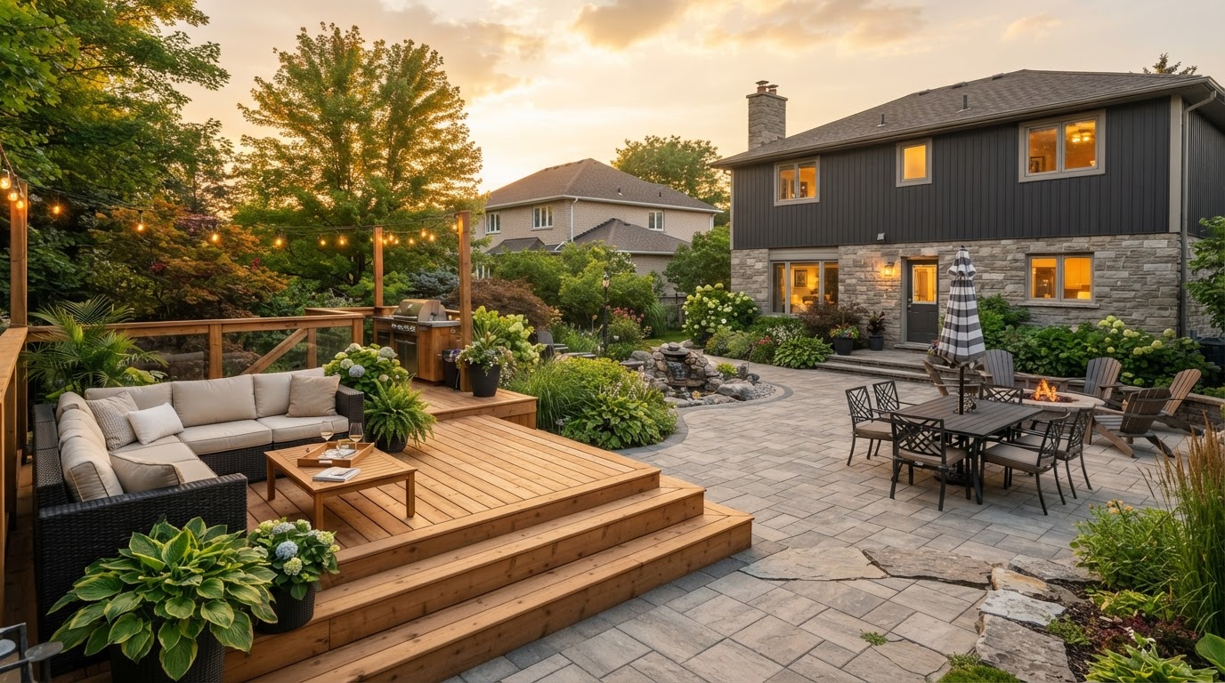 Integrating a Custom Deck with Interlocking Stone Patios for a Seamless Yard