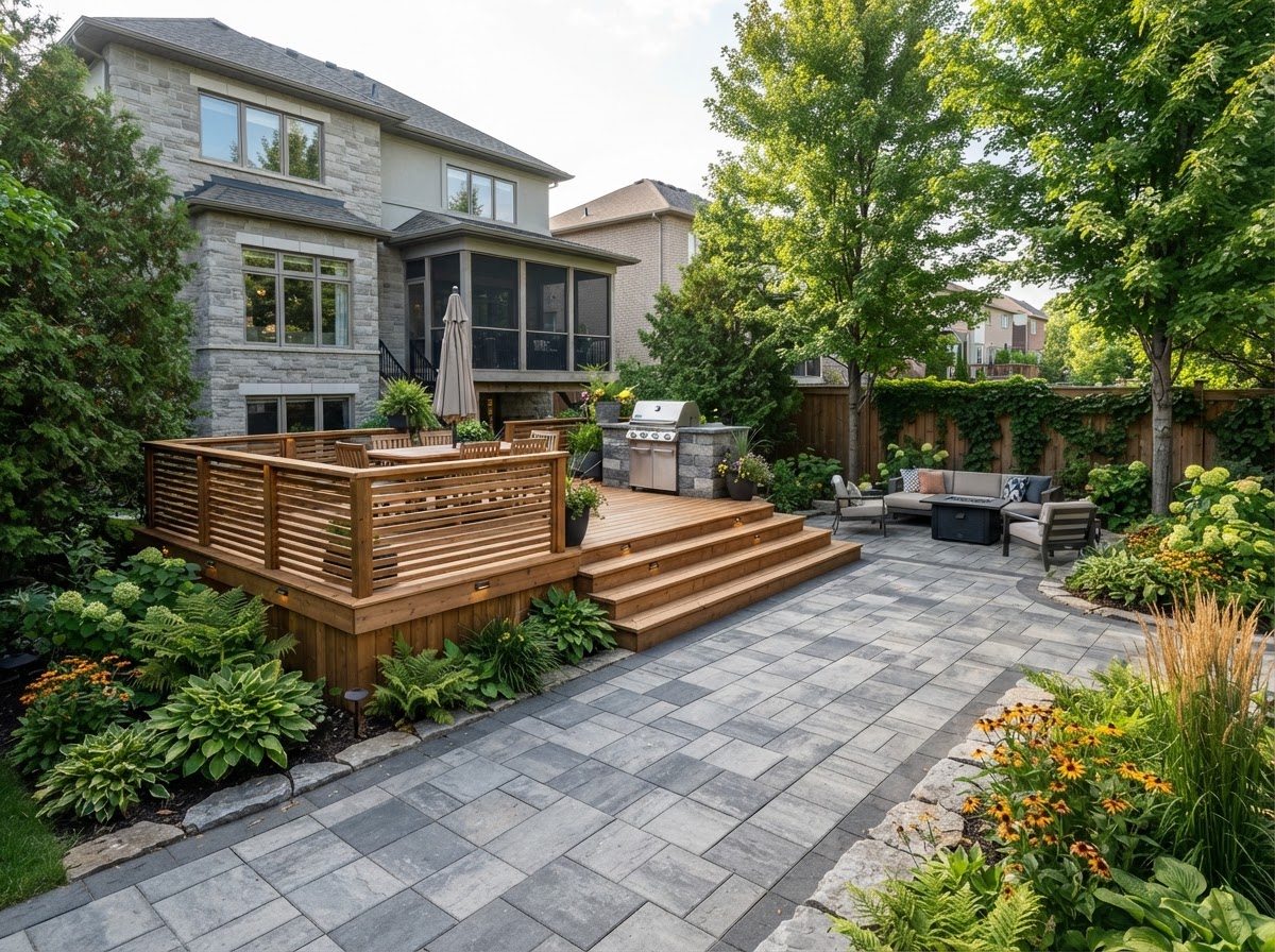 Integrating a Custom Deck with Interlocking Stone Patios for a Seamless Yard