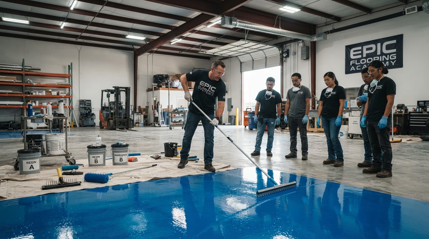 Hands-on epoxy flooring training class in an industrial garage bay