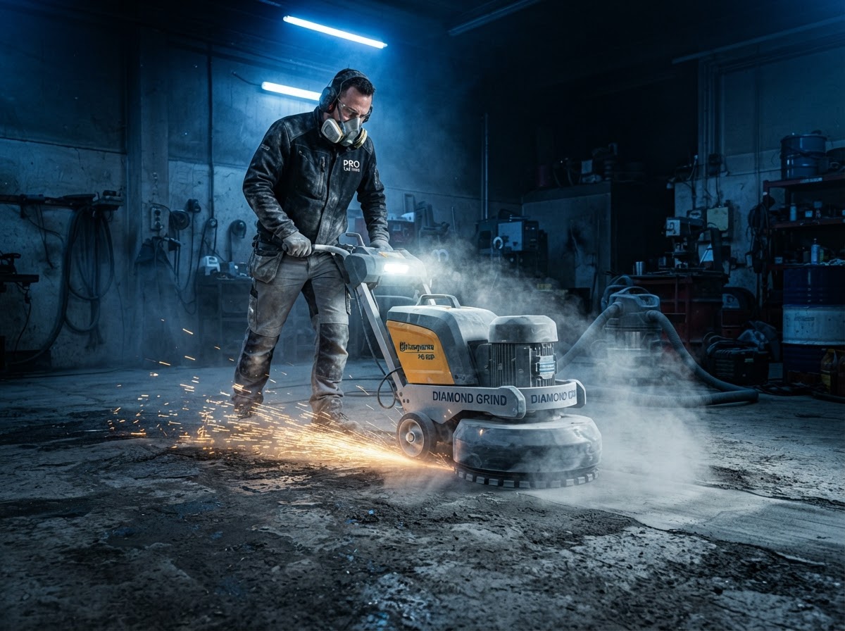 Epoxy installer diamond-grinding a concrete garage floor with a heavy floor grinder