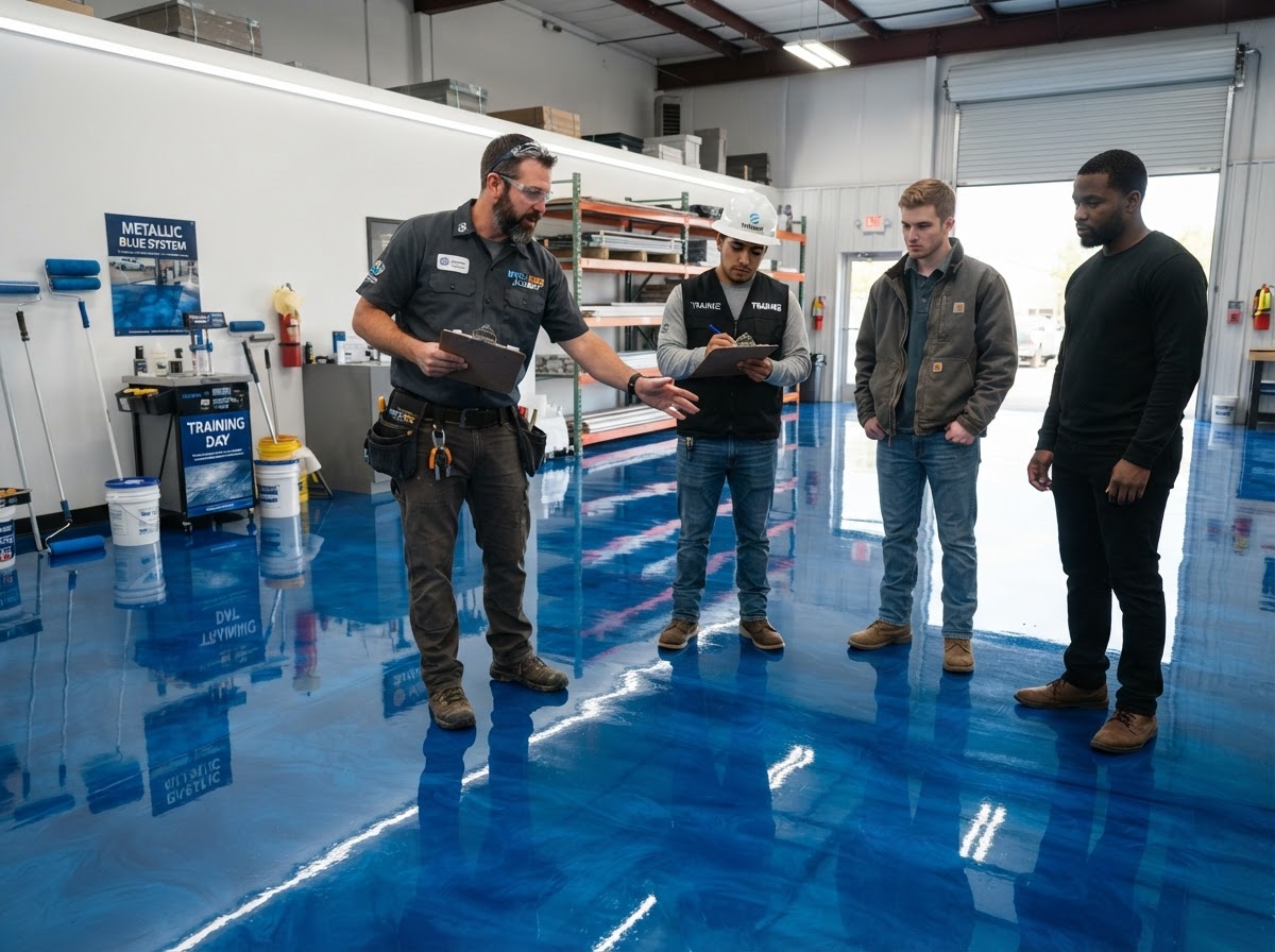 Epoxy flooring instructor teaching contractor trainees