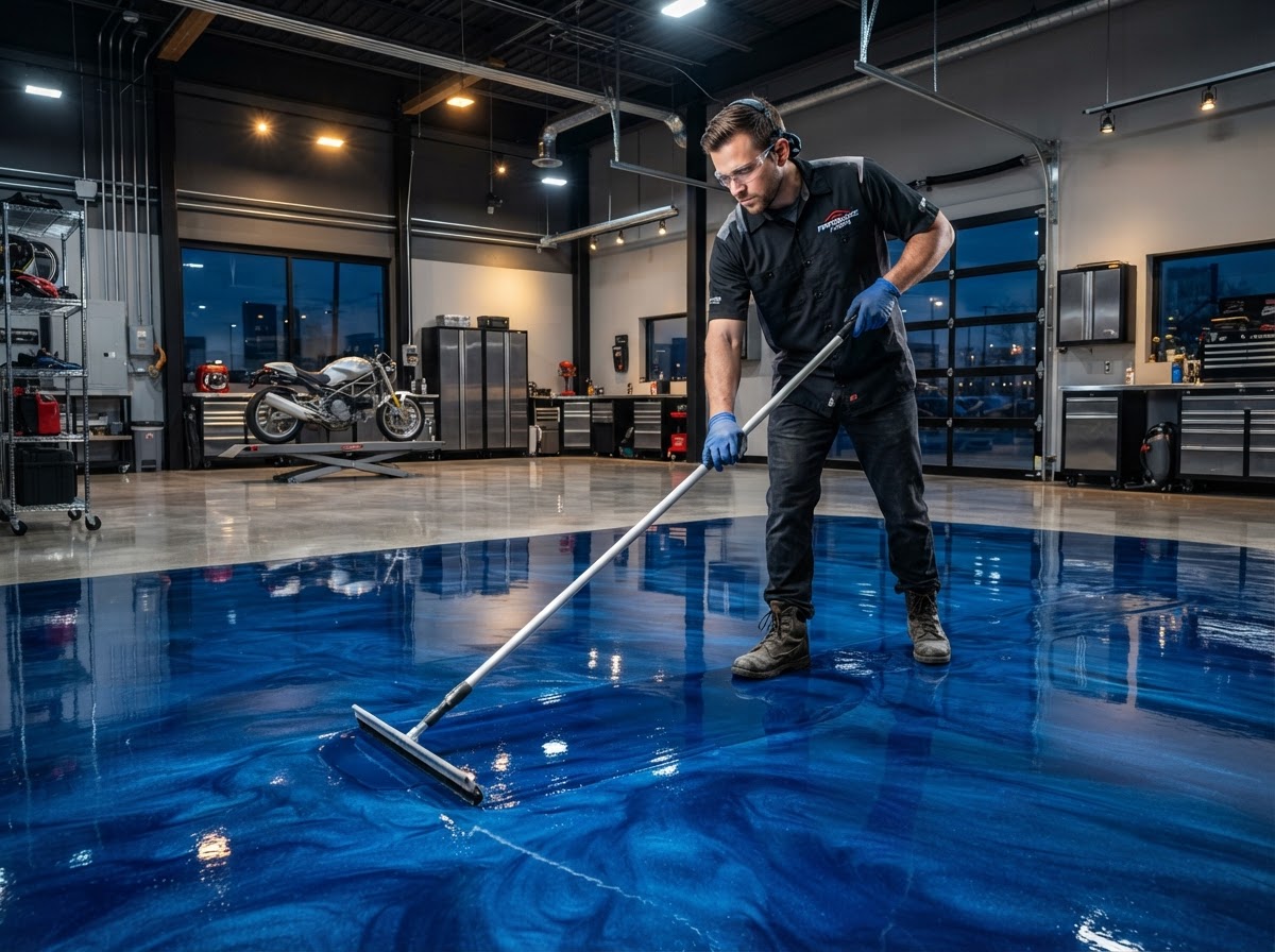 Epoxy installer applying glossy blue resin with a squeegee