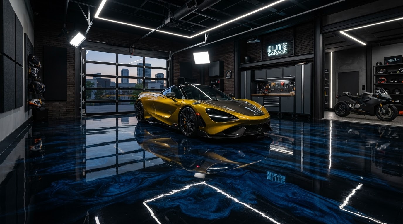 Glossy black epoxy garage floor with deep blue metallic swirls