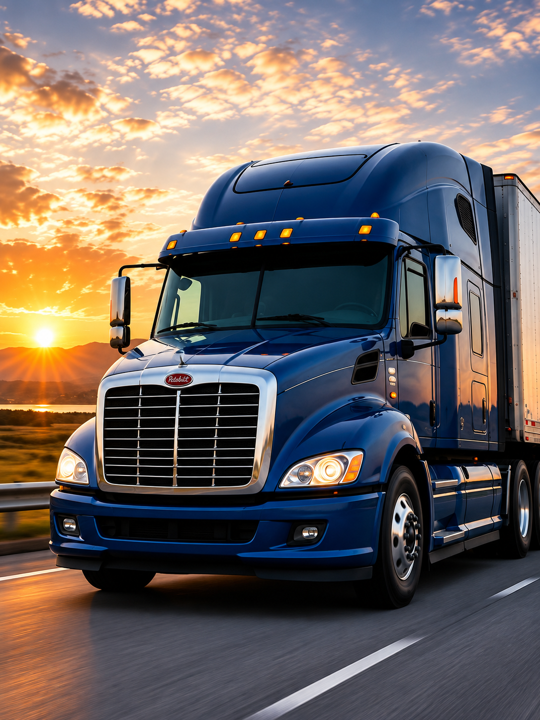Semi truck driving on a highway at sunset