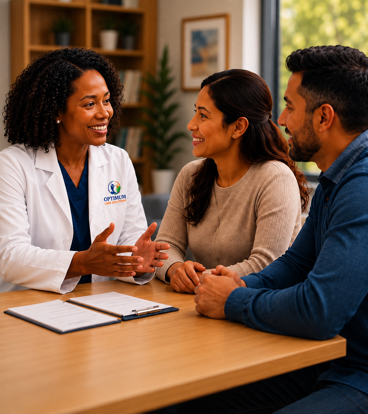 Provider speaking with two patients in a consultation room