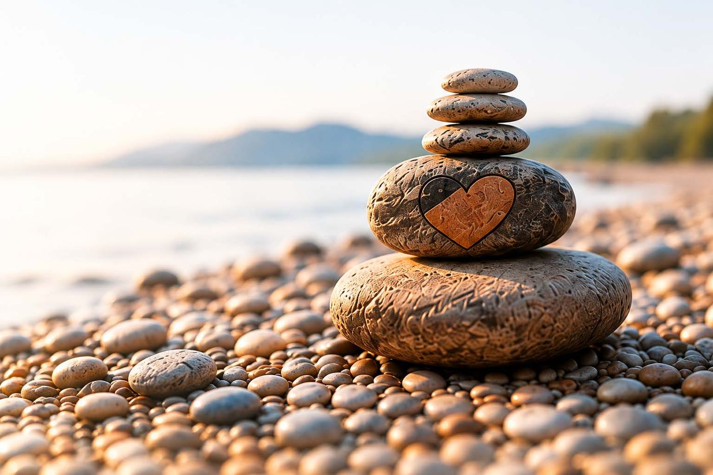 Balanced stack of smooth stones on a pebble beach