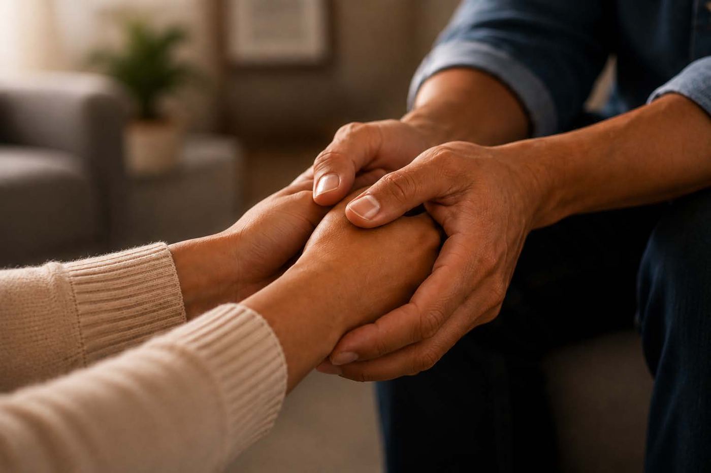 Two people holding hands in a supportive moment