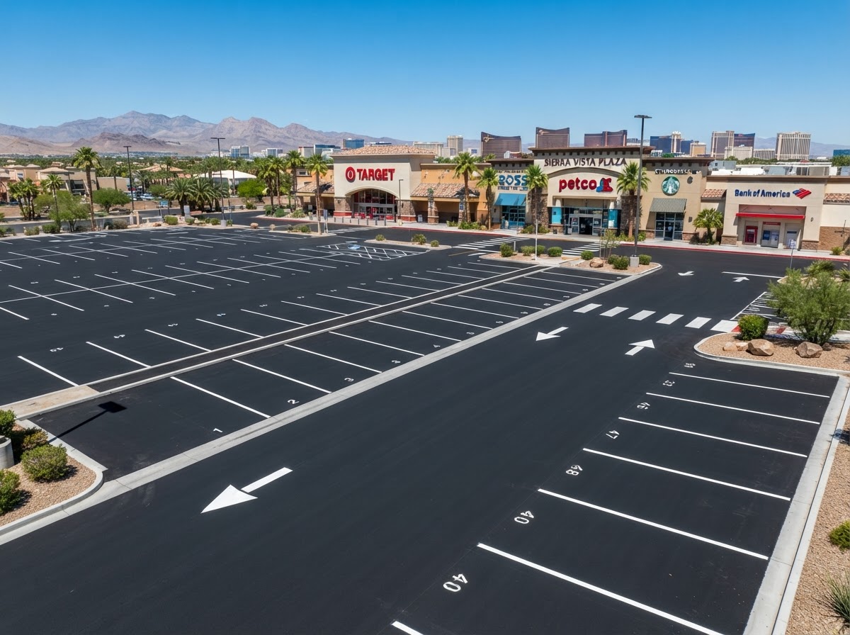 A repaved retail parking lot with fresh striping in Las Vegas, NV