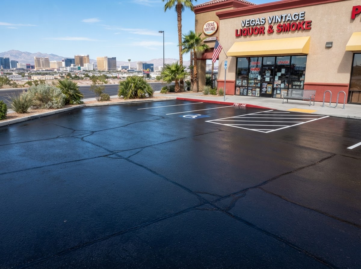 A sealcoated small business lot with crack filling in Las Vegas, NV