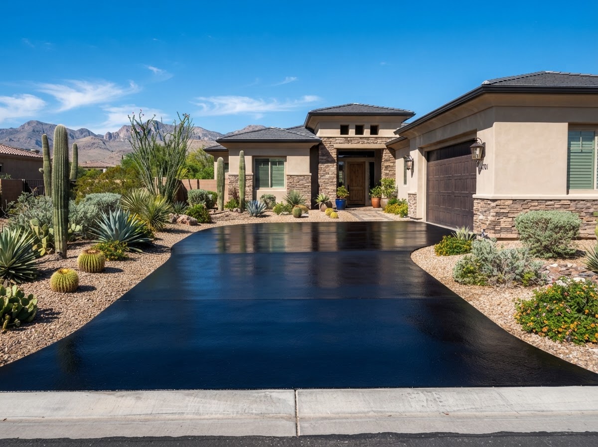 A freshly sealcoated residential driveway in Las Vegas, NV