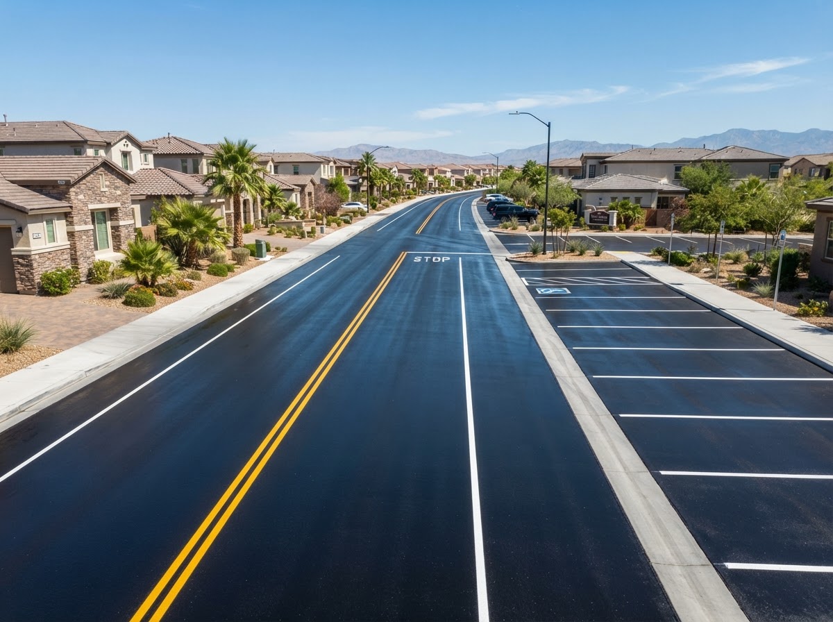 A finished sealcoated HOA community street in Las Vegas, NV