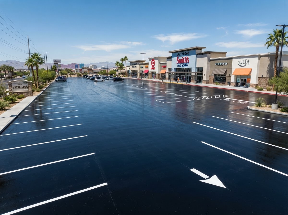 A sealcoated and restriped commercial lot in Las Vegas, NV
