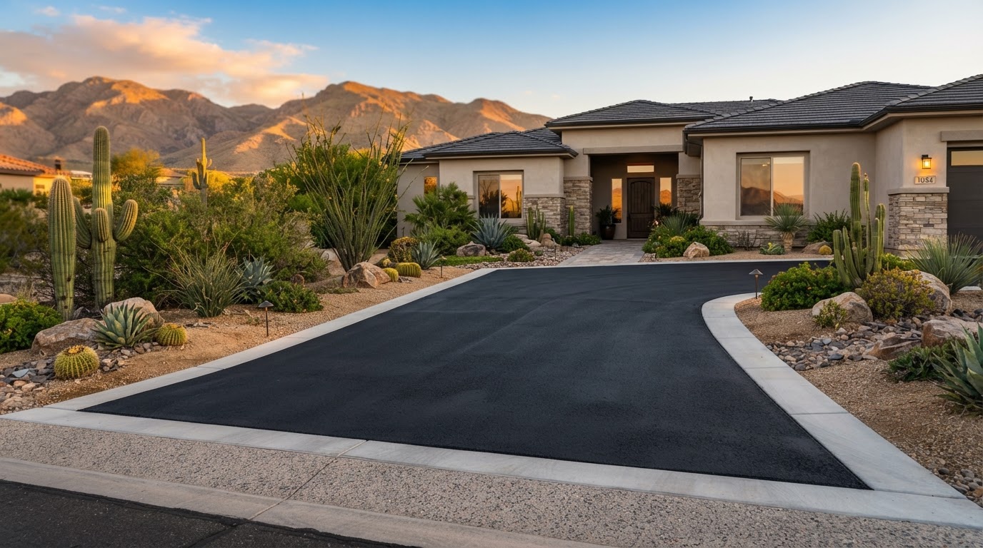 A freshly paved deep black residential driveway leading to a stucco home at golden hour in Las Vegas, NV