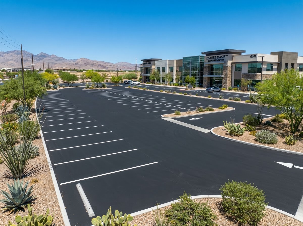 Freshly paved office park parking lot in Las Vegas, NV