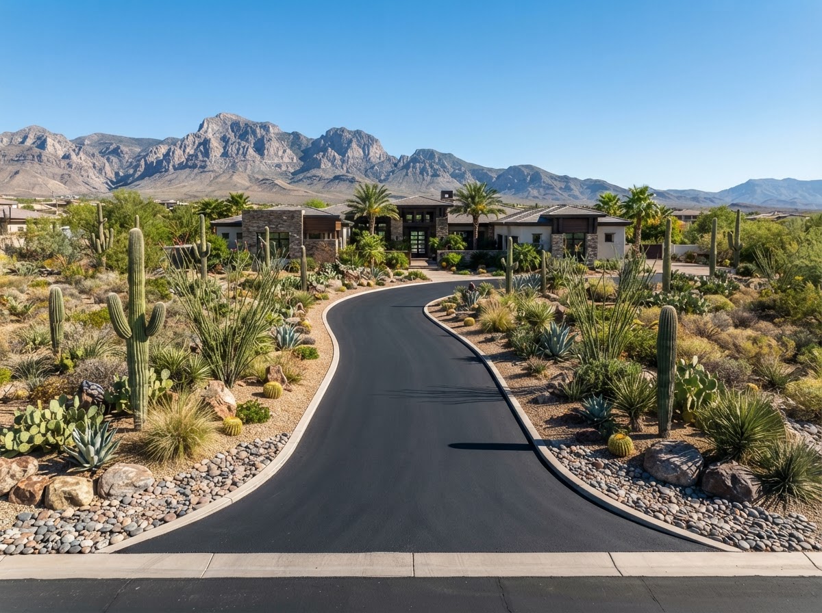 A long asphalt driveway on a larger lot in Las Vegas, NV