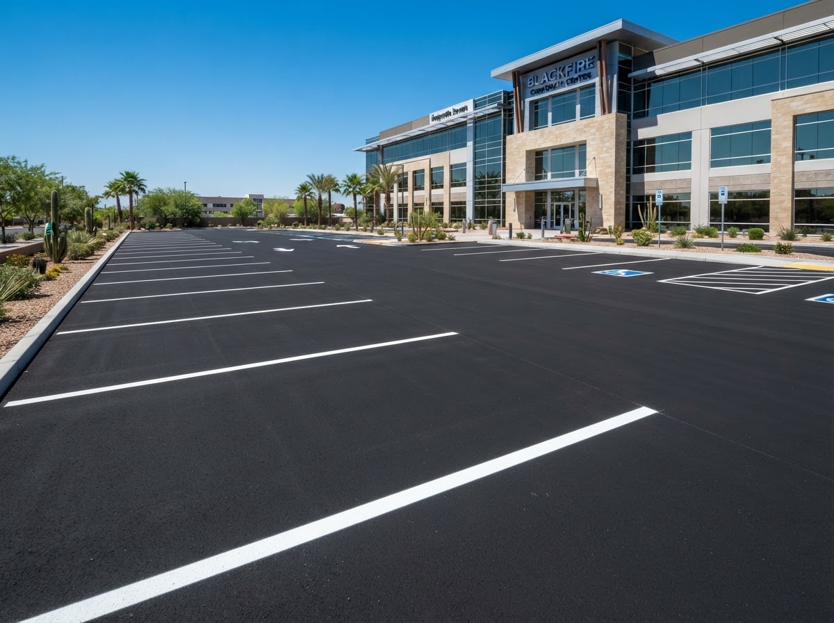 A freshly paved office park parking lot in Las Vegas, NV