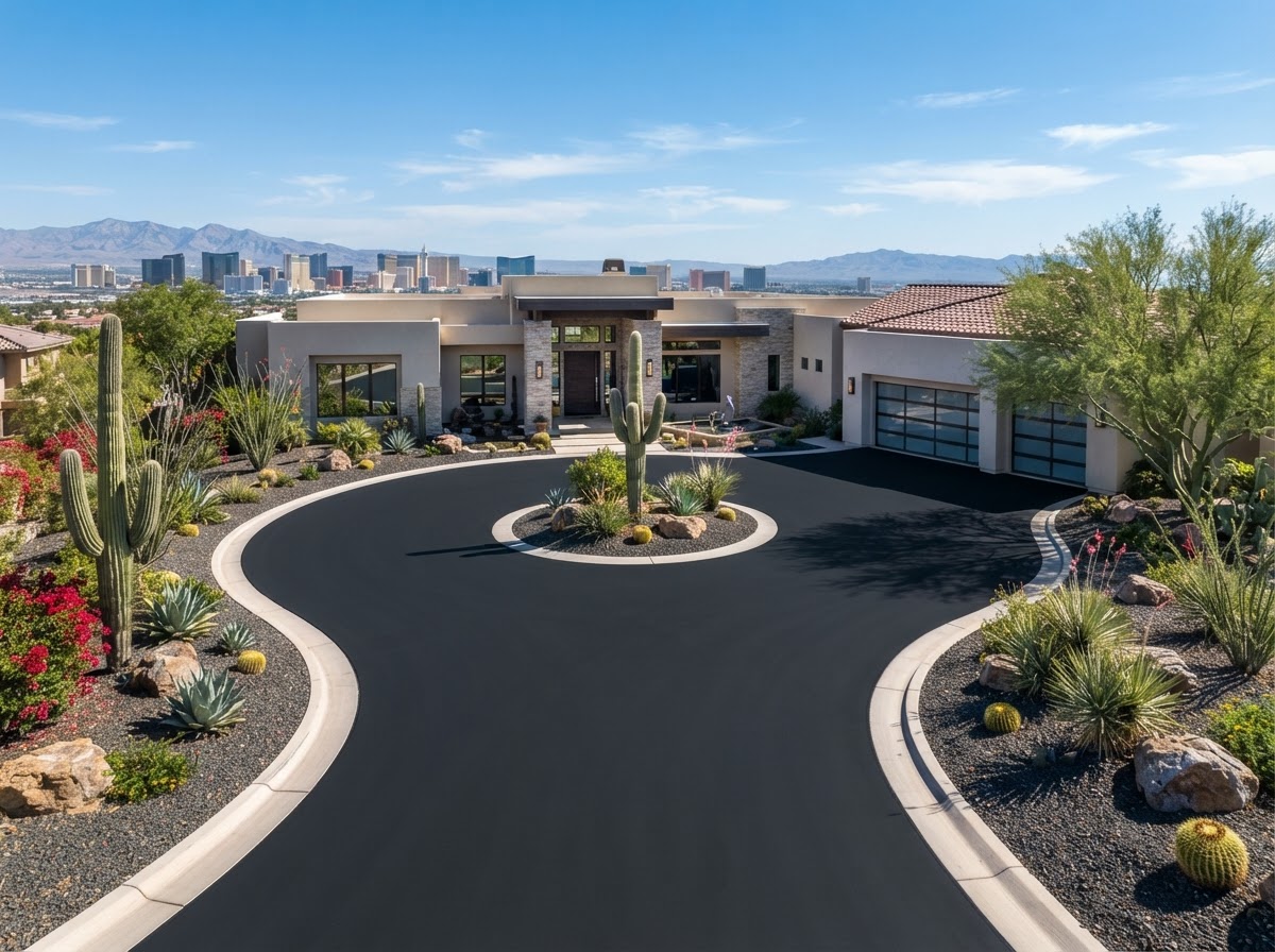 A circular curved asphalt driveway in Las Vegas, NV