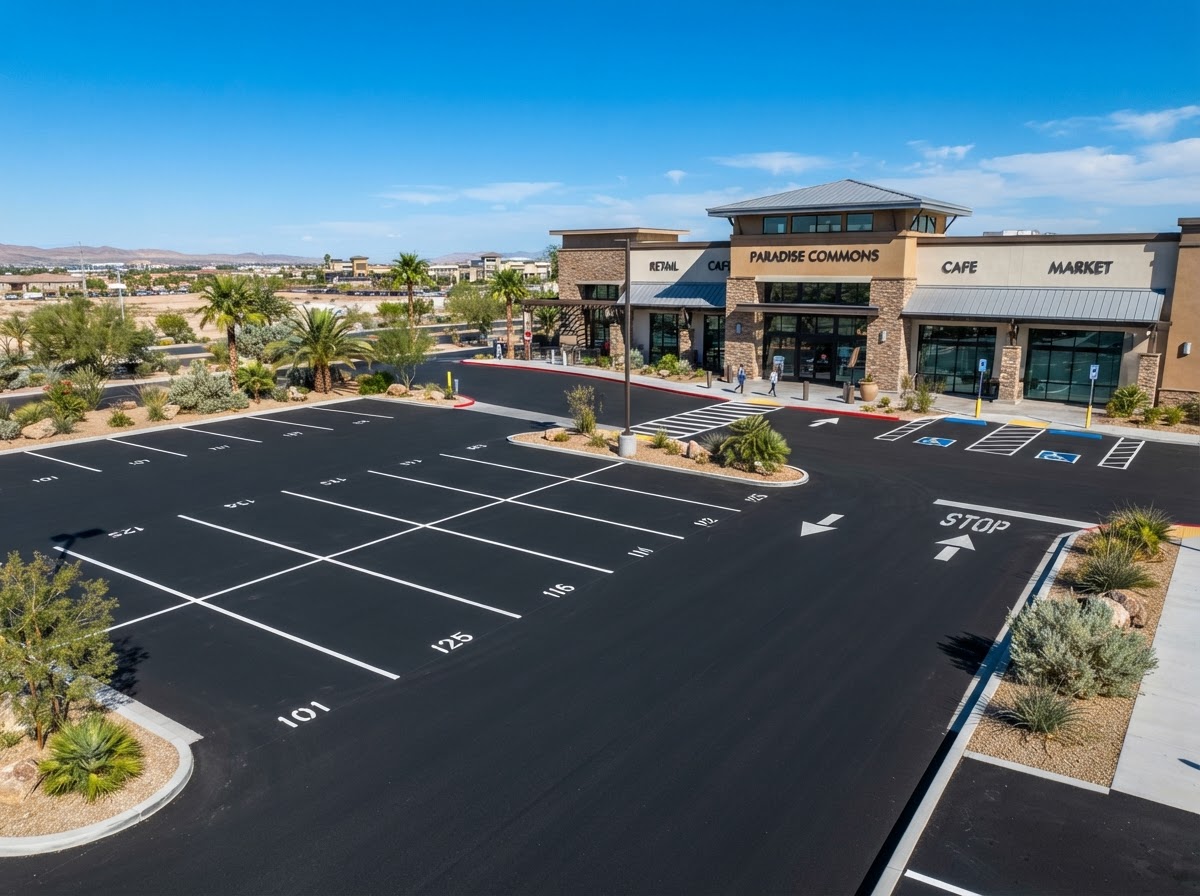 A finished parking lot in Paradise, NV with fresh striping and accessible markings