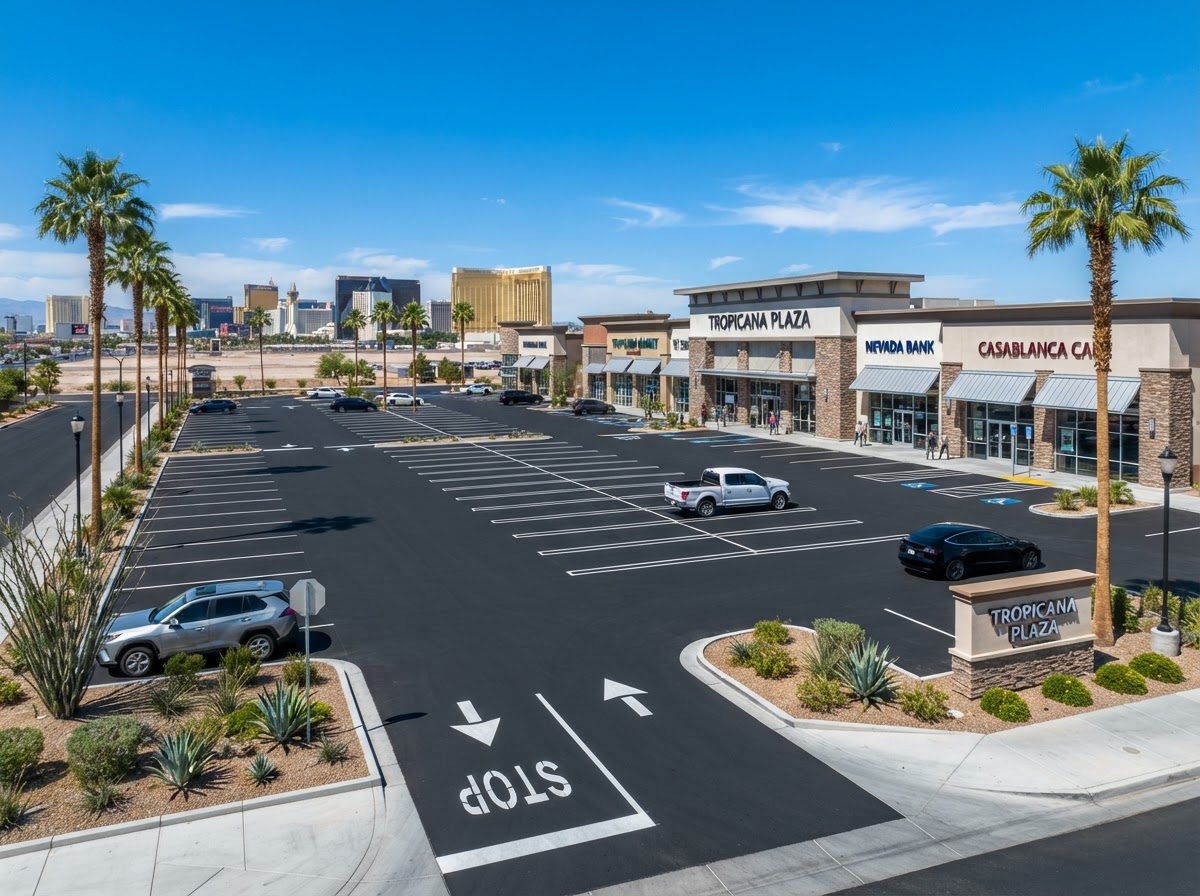 A finished commercial parking lot in Paradise, NV with fresh striping