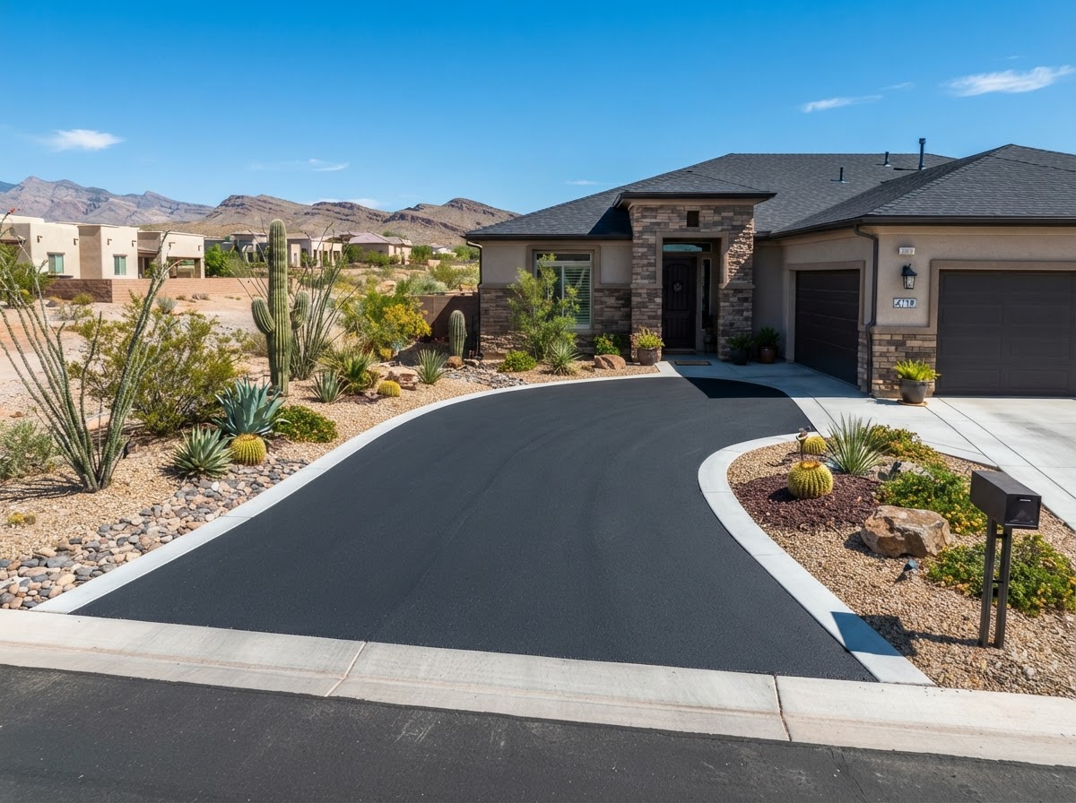 A new asphalt driveway replacing gravel at a home in Paradise, NV