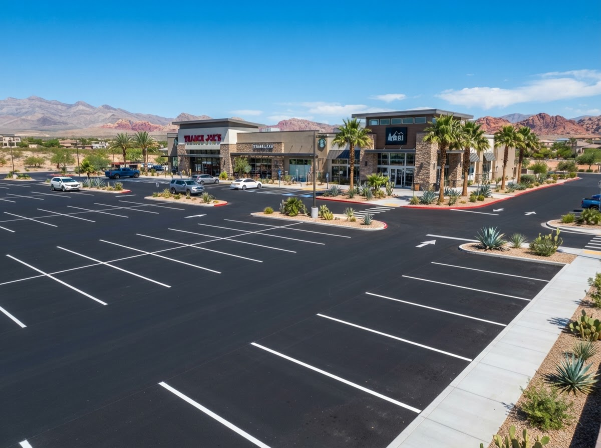 A finished commercial parking lot in Paradise, NV with fresh asphalt and crisp striping