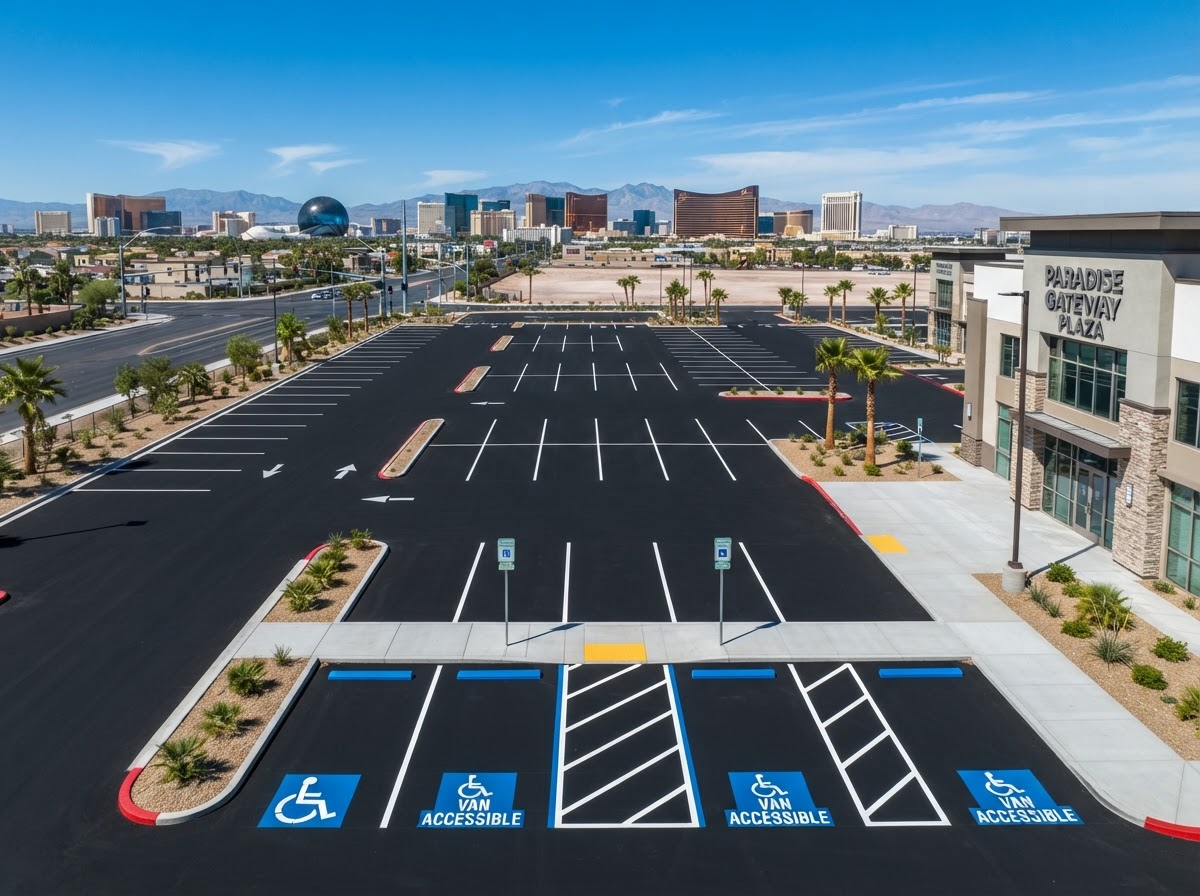 A finished parking lot in Paradise, NV with accessible markings