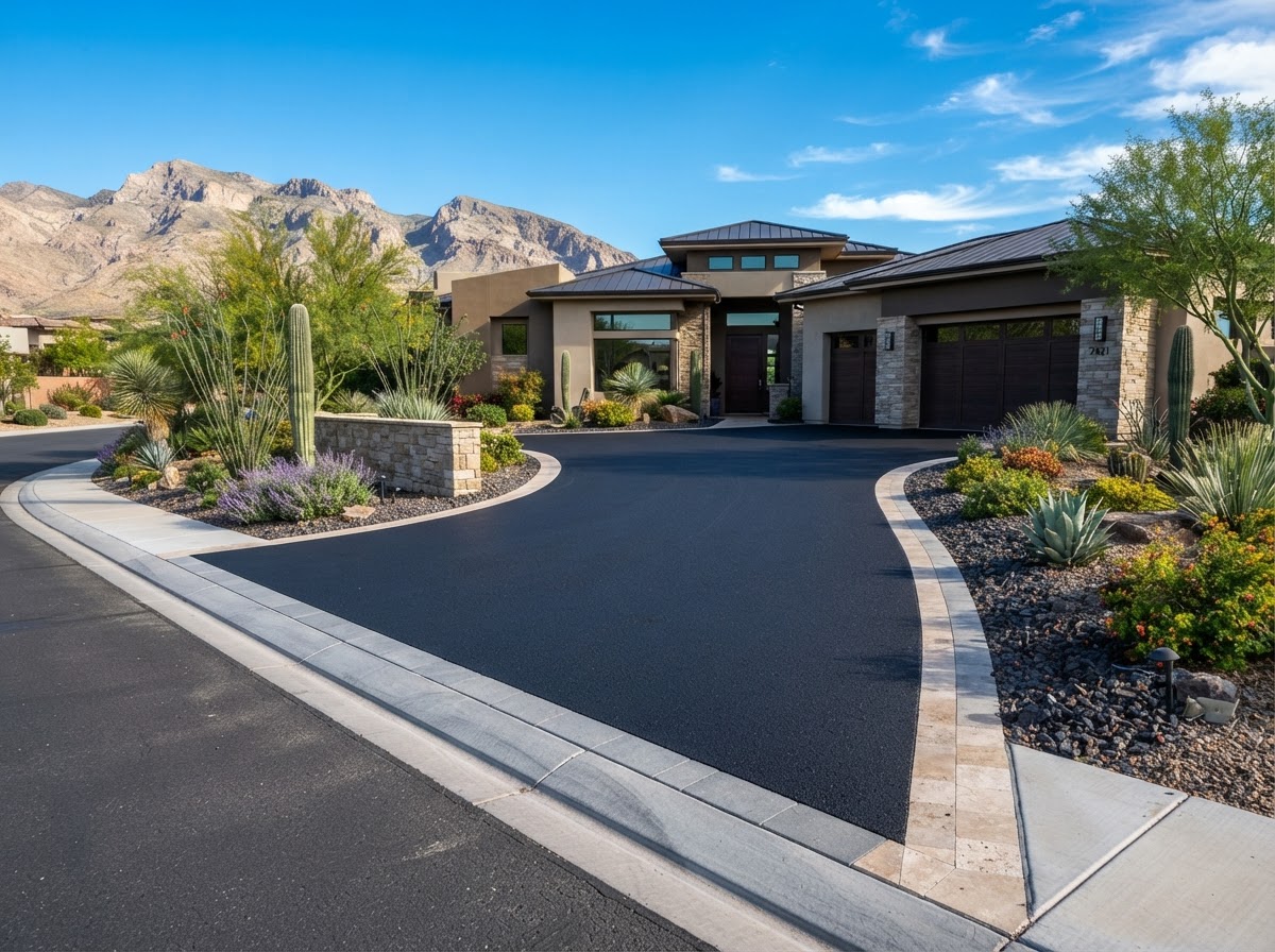 A finished residential asphalt driveway in Paradise, NV with a deep black surface and clean edges