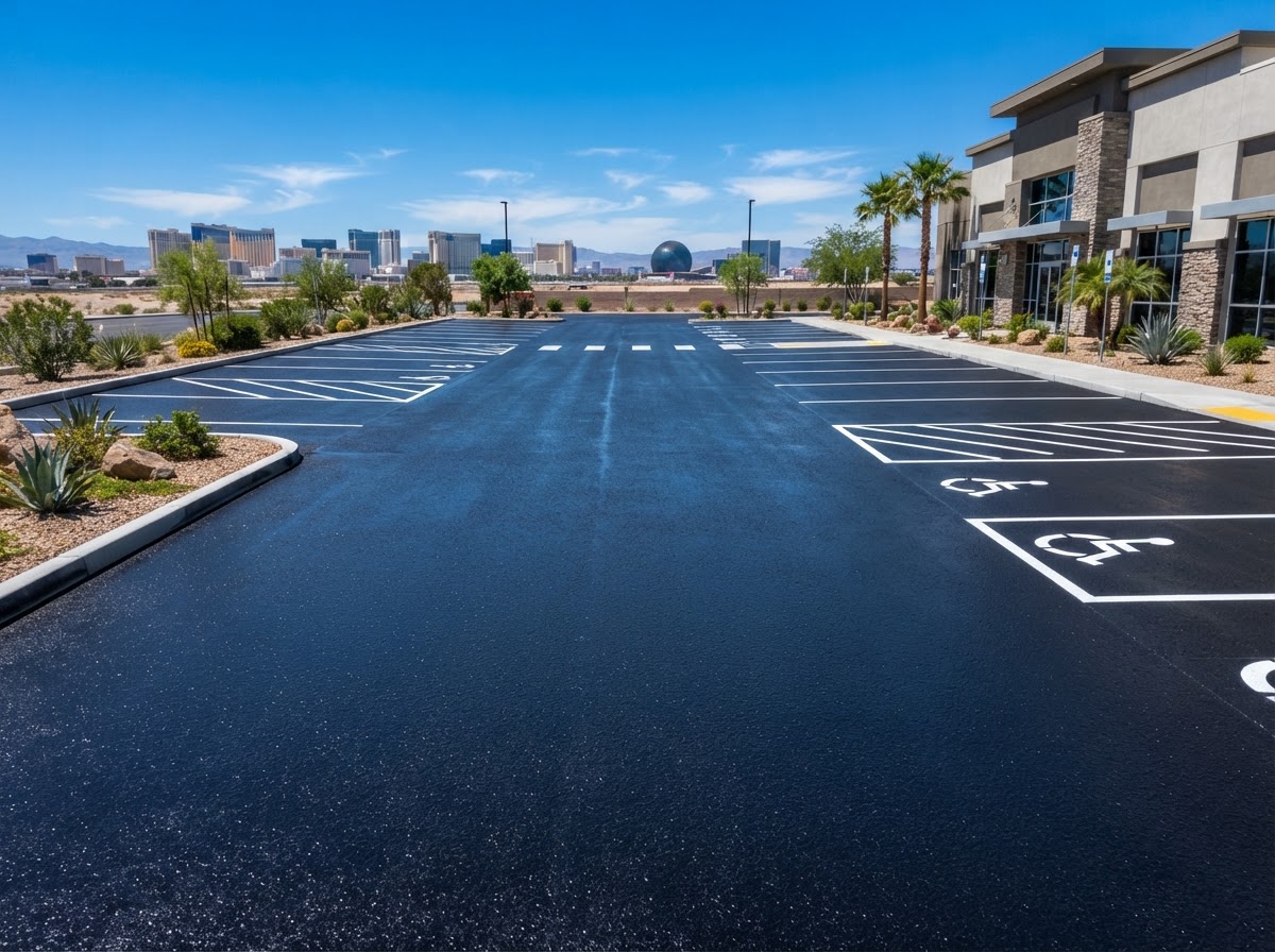 A finished sealcoated asphalt surface in Paradise, NV with a rich black glossy finish