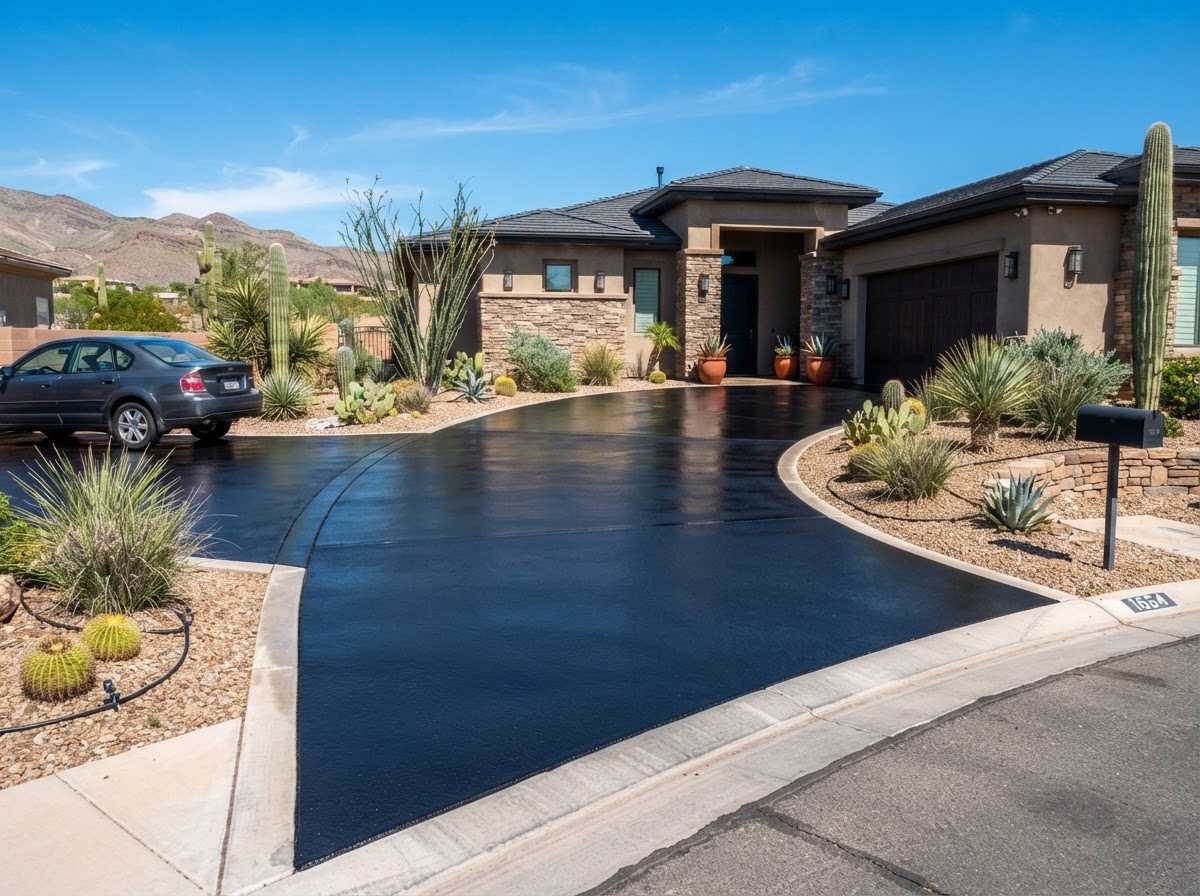 A freshly sealcoated driveway in Spring Valley, NV with a rich black glossy finish